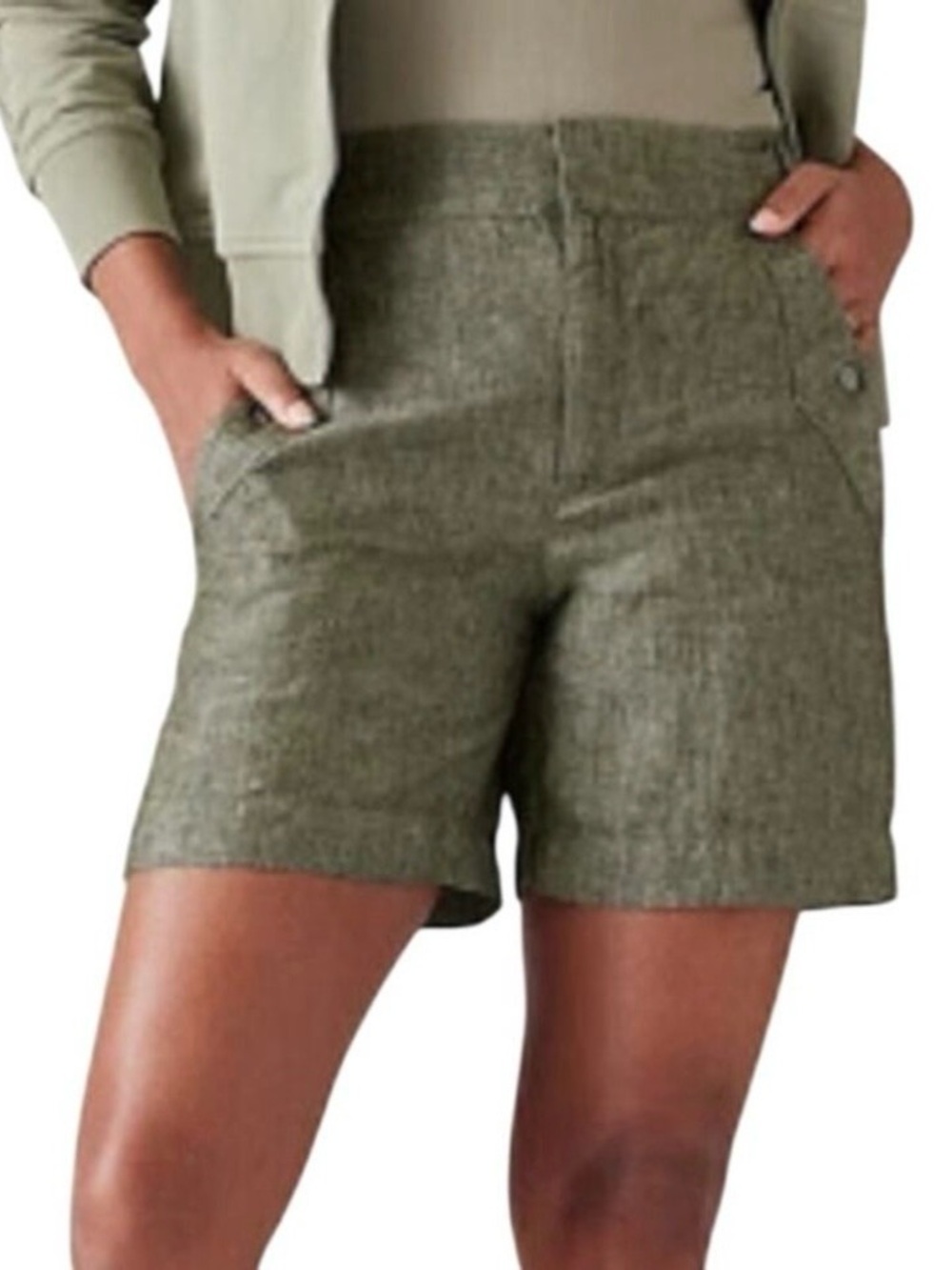 Athleta Voyager Linen Shorts Women’s Sz 12 Aspen Olive Green High-Rise Neutral